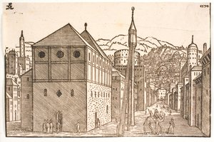 Moschea con minareto indipendente con scala esterna da Melchior Lorck