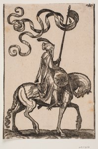 Portabandiera a cavallo, profilo verso destra; lo stendardo è a due code; il cavaliere è disarmato; sulla schiena del cavallo davanti a lui, c