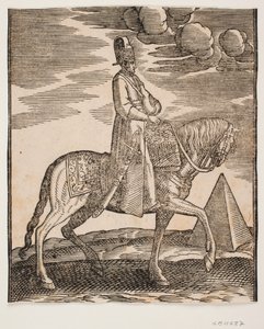 Cavaliere con una fiaschetta al collo, profilo verso destra; una spada al suo fianco destro e bagagli davanti a lui, drappeggiati sulla sella; a destra, sullo sfondo, una piramide
