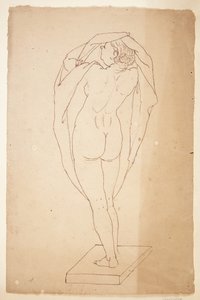 Donna nuda di spalle con un panno in grembo