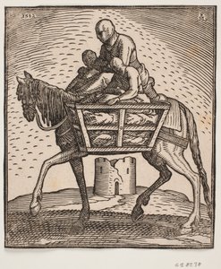 Cavaliere con cappuccio abbassato sul viso; su ciascun lato del cavallo una gabbia con una persona; profilo verso sinistra; sotto il cavallo si vede una torre cilindrica in rovina da Melchior Lorck