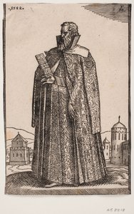 Ambasciatore in abito europeo (veneziano?), 3/4 profilo a sinistra; nella mano destra tiene una custodia per lettere da Melchior Lorck
