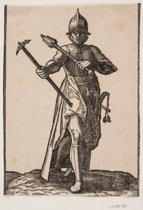 Soldato in piedi con elmo, visto frontalmente; nella mano destra un martello da guerra, nella mano sinistra una mazza, gamba e piede posteriori distorti rispetto a quelli anteriori; al fianco sinistro una spada da Melchior Lorck