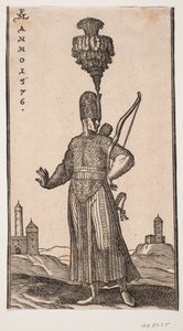 Soldato in piedi, visto frontalmente, con la testa girata a destra; porta un arco sul braccio sinistro, una faretra sulla schiena e una spada al fianco sinistro; allunga il braccio destro all