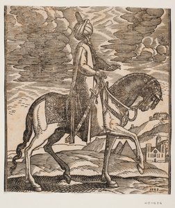 Cavaliere con turbante, con una spada al fianco destro, profilo verso destra; tra le zampe anteriori del cavallo, due piramidi in vista da Melchior Lorck