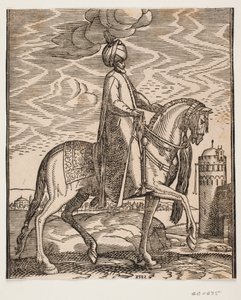 Cavaliere con turbante, con mazza appesa al lato destro del cavallo; profilo verso destra; sul lato destro dell