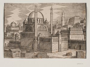 Moschea non identificata con 2 minareti, vista da nord-est; in primo piano cantiere con pietre da costruzione impilate da Melchior Lorck