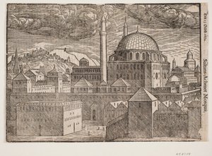 Moschea non identificata con 2 minareti, vista da sud-est; a sinistra montagna con città fortificata da Melchior Lorck