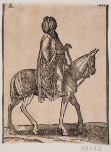 Cavaliere anziano disarmato e ben nutrito con turbante in testa, profilo verso destra da Melchior Lorck