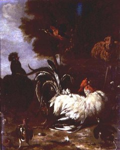 Gallo e altri polli in un paesaggio boscoso da Melchior de (follower of) Hondecoeter