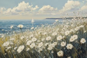 Fiori bianchi, barca a vela, costa da Melloi Art Prints