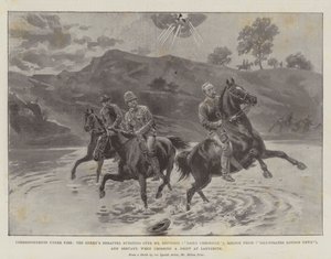 Corrispondenti sotto il fuoco, lo shrapnel del nemico esplode sopra Mr Nevinson (Daily Chronicle), Melton Prior (Illustrated London News), e Servant, mentre attraversano un guado a Ladysmith da Melton Prior