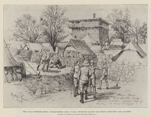 La rivolta della frontiera indiana, il campo del quartier generale a Bagh, protetto contro il fuoco nemico nel campo di notte da Melton Prior