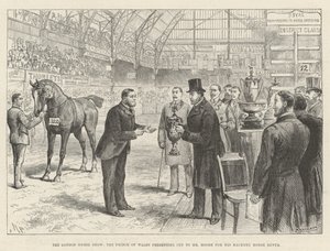 Lo spettacolo equestre di Londra, il principe di Galles presenta la coppa a Mr Moore per il suo cavallo Hackney Rufus da Melton Prior
