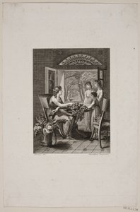 Illustrazione con donne intorno a un tavolo in una veranda da Meno Haas