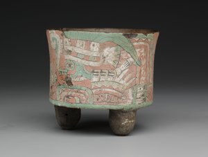Vaso tripode cilindrico con due figure con occhiali, c.A.D. 400-650 da Mesoamerican Mesoamerican