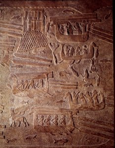 Mesopotamia: scena marittima che rappresenta il trasporto di legname in Libano. Dettaglio di un basso rilievo in alabastro da Khorsabad. Regno di Sargon II, 710 a.C. Parigi, Museo del Louvre da Mesopotamian Mesopotamian