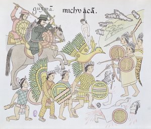 Battaglia di Michoacan tra gli spagnoli e gli aztechi, illustrazione da un facsimile di una storia illustrata messicana Lienzo de Tlaxcala, c.1550, 1892 da Mexican School