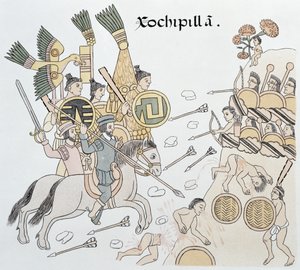 Battaglia di Xochipilla tra gli spagnoli e gli aztechi, illustrazione da un facsimile di una storia pittorica indiana messicana Lienzo de Tlaxcala del c.1550, 1892 da Mexican School