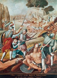 Conquista del Messico: combattimento tra Hernando Cortes e gli indiani di Tabasco nel 1519