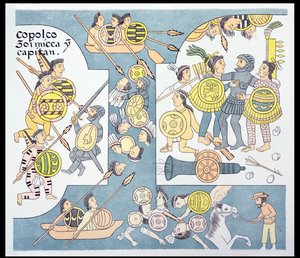 Battaglia finale tra Hernando Cortes (1485-1547) e Cuauhtemoc a Tenochtitlan, agosto 1521, illustrazione da un facsimile di una storia pittorica indiana messicana Lienzo de Tlaxcala del c.1550, 1892 da Mexican School