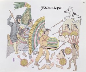 Hernando Cortes (1485-1547), assediato a Tenochtitlan, decide di lasciare la città, illustrazione da un facsimile di una storia pittorica indiana messicana Lienzo de Tlaxcala del c.1550, 1892 da Mexican School