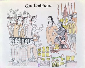 La Malinche (Dona Marina) che funge da interprete durante la presentazione di donne e oro da parte di Montezuma (1466-1520) a Hernando Cortes (1485-1547) illustrazione da un facsimile di una storia pi da Mexican School