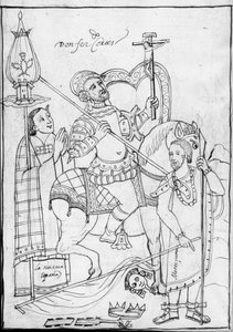 MS Hunter 242 f.246v, Cortes a cavallo, sopra il re azteco sconfitto Moctezuma, illustrazione dalla Historia de Tlaxcala di Diego Munoz Camargo da Mexican School