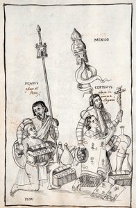 MS Hunter 242 f.248v Picarus (Pizarro) presenta il Perù e Cortesius (Cortés) Nueva España, illustrazione dalla Historia de Tlaxcala di Diego Muñoz Camargo