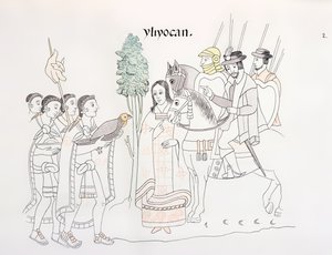 Incontro tra Hernando Cortes (1485-1547) e gli Aztechi, illustrazione da un facsimile di una storia pittorica indiana messicana Lienzo de Tlaxcala del c.1550, 1892 da Mexican School