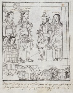 Montezuma incontra Cortez, da Historia de Tlaxcala di Diego Munoz Camargo da Mexican School