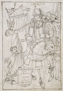 Cristoforo Colombo offre simbolicamente il Nuovo Mondo a Carlo V, da Historia de Tlaxcala di Diego Munoz Camargo