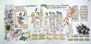 Il capo tlaxcalteca, Maxixcatzin, presenta un mazzo di rose e altri doni a Hernando Cortes (1485-1547) come segno di benvenuto, illustrazione da un facsimile di una storia pittorica indiana messicana da Mexican School