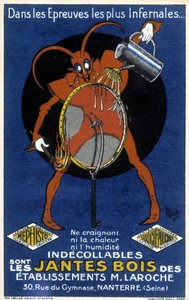 Diavolo rosso davanti a una ruota di bicicletta che illustra una pubblicità per i cerchi in legno degli stabilimenti Laroche (Nanterre) (incisione)