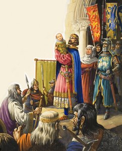 Re Edoardo I (1239-1307) presenta il figlio neonato (gouache su carta) da Michael Godfrey