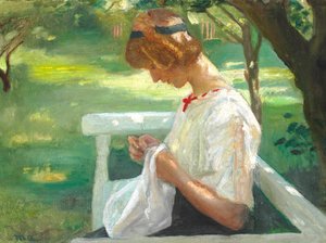 Ella Saxild cuce in giardino in una giornata estiva. da Michael Peter Ancher