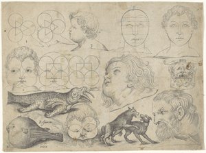 Foglio di studio con esempi di disegno: figure, animali