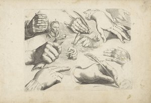 Foglio di studio con esempi di disegno: mani e ritratto di Hendrick Goltzius da Michael Snijders