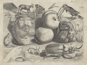 Foglio di studio con esempi di disegno: ritratti, animali, insetti (Tekenvoorbeelden)