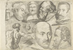 Foglio di studio con esempi di disegno: figura in piedi, gallo e teste da Michael Snijders