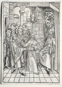 Der Schatzbehalter: Cristo davanti a Caifa verso, 1491 da Michael Wolgemut