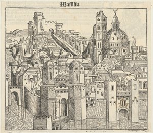 Phantasieansicht der Stadt Marseille [recto], drei Porträts (Phereades, Pythagoras und Sappho) [verso] da Michael Wolgemut