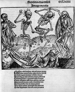 Scena di danza macabra, con scheletri, -in Cronache di Norimberga di Hartmann Schedel (1440-1514), edito a Norimberga da Anton Koberger, 12 luglio da Michael and Pleydenwurff W. (d.1494) Wolgemuth