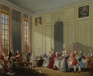 Mozart che dà un concerto nel Salon des Quatre-Glaces al Palais du Temple nella corte del P