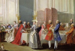 Tè inglese nel Salon des Quatre Glaces alla Casa del Principe de Conti (1717-76) Palais du Temple, (dettaglio) degli ospiti, 1766