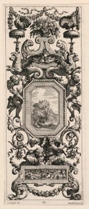Pannello ornamentale sormontato da un cesto di fiori e una ghirlanda, tavola 10 dal Livre de Diverses Grotesques peintes dans le Cabinet et Bains de la Reyne Regente, au Palais Royale