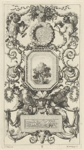 Pannello ornamentale sormontato da un cesto di fiori con Cupido e Imene