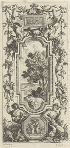 Pannello ornamentale sormontato da una scena marittima e una conchiglia