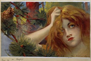 Donna dai capelli rossi che guarda inquieta, cromolitografia di Simondy da Michel Simonidy