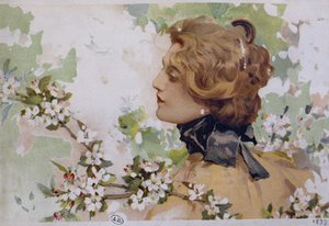 Donna tra i fiori - cromolitografia di Simondy da Michel Simonidy